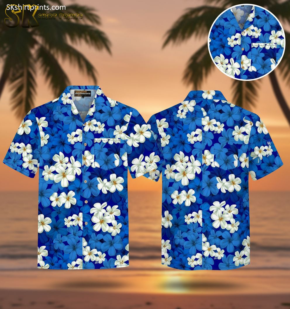 Navy blue Hawaiian shirt featuring scattered white plumeria flowers with yellow centers in tropical pattern