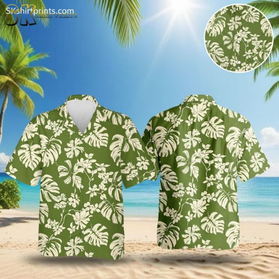 Olive green Hawaiian shirt featuring large monstera leaf motifs and small flower clusters in cream color