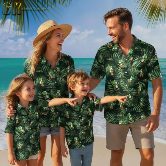 Olive green Hawaiian shirt showing Super Mario character in multiple poses against tropical leaf background design