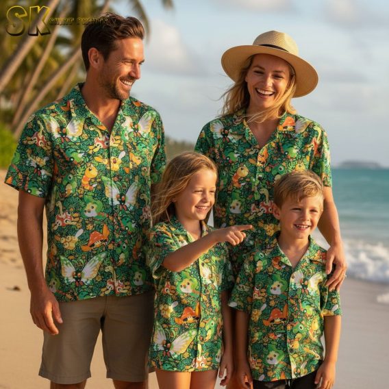 Olive green Hawaiian shirt showcasing whimsical tropical print with moths, butterflies and botanical elements