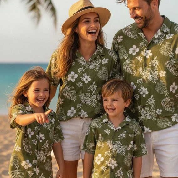 Olive green Hawaiian shirt showcasing white hibiscus flowers and tropical leaf designs