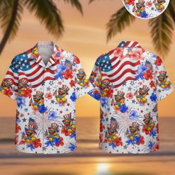 Oregon Ducks Hawaiian shirt featuring cartoon ducks in sunglasses and top hats with red white and blue hibiscus flowers