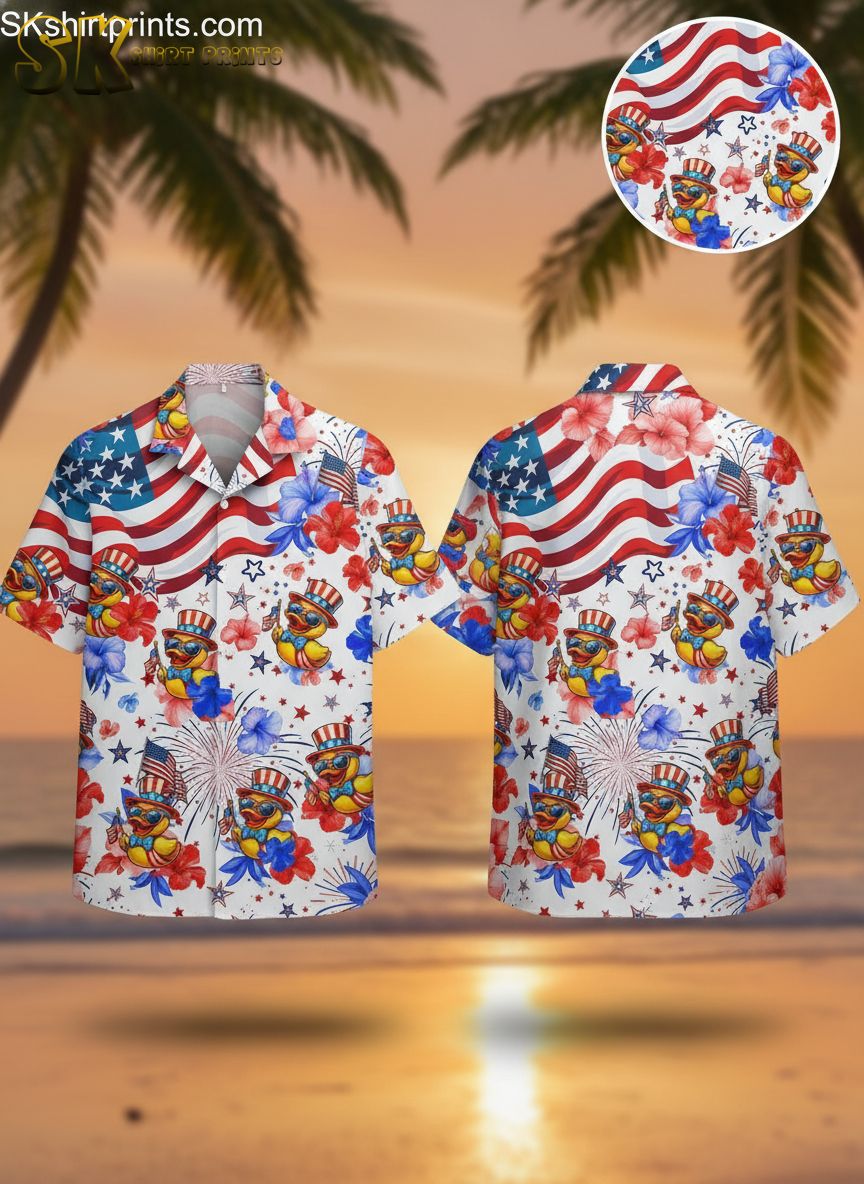 Oregon Ducks Hawaiian shirt featuring cartoon ducks in sunglasses and top hats with red white and blue hibiscus flowers