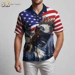 Patriotic eagle Hawaiian shirt with USA flag background design featuring flying bald eagle and trees