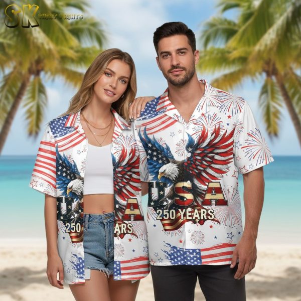 USA 250th Anniversary Hawaiian Shirt - Bald Eagle American Flag Button Down 250 Years of Freedom