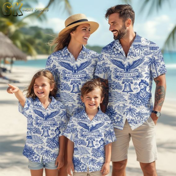 Patriotic hawaiian shirt 2026 collection showing all available colors of America 250 design with eagle, Liberty Bell and Capitol building