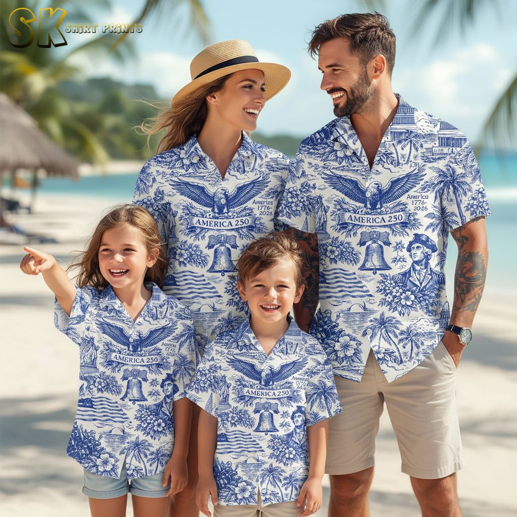 Patriotic hawaiian shirt 2026 collection showing all available colors of America 250 design with eagle, Liberty Bell and Capitol building