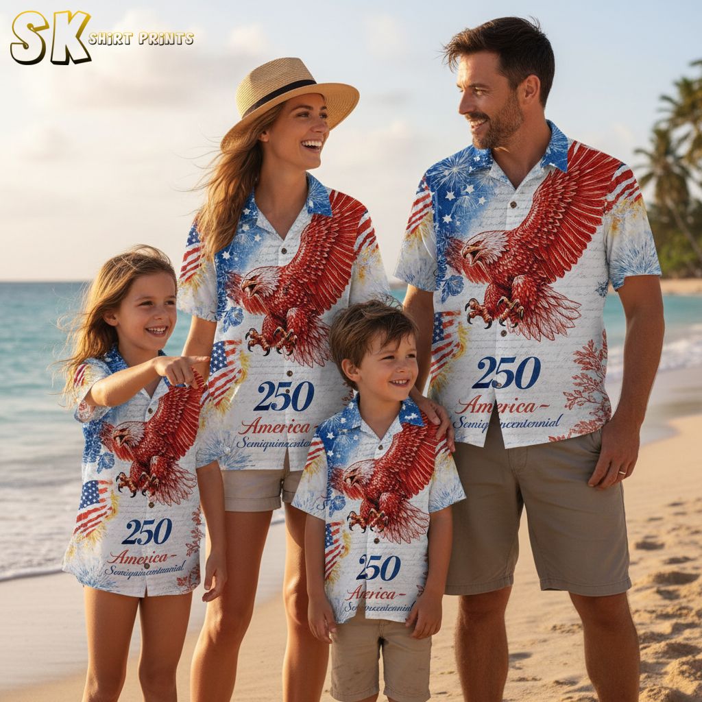 Patriotic hawaiian shirt 2026 collection showing all available colors featuring bald eagle design and america 250 semiquincentennial celebration theme