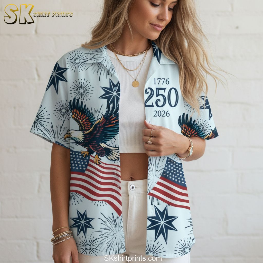 Patriotic Hawaiian shirt 2026 size chart and specifications showing measurements and fit details for America 250 design