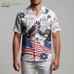 Patriotic Hawaiian shirt with USA 250th anniversary design featuring eagles and stars