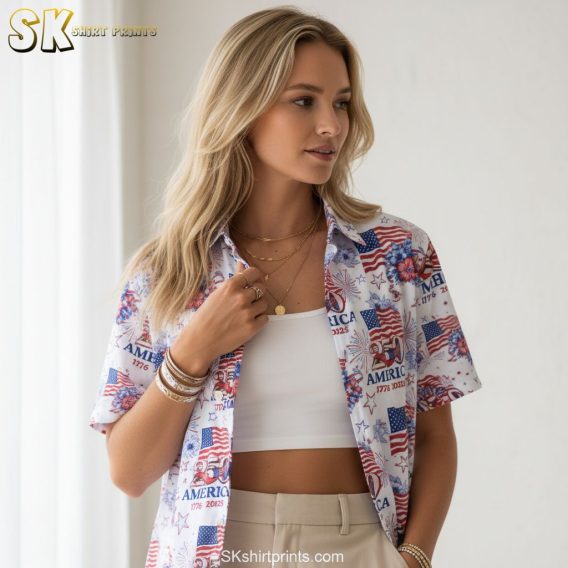 Patriotic Hawaiian shirt America 250 anniversary specifications and sizing information display