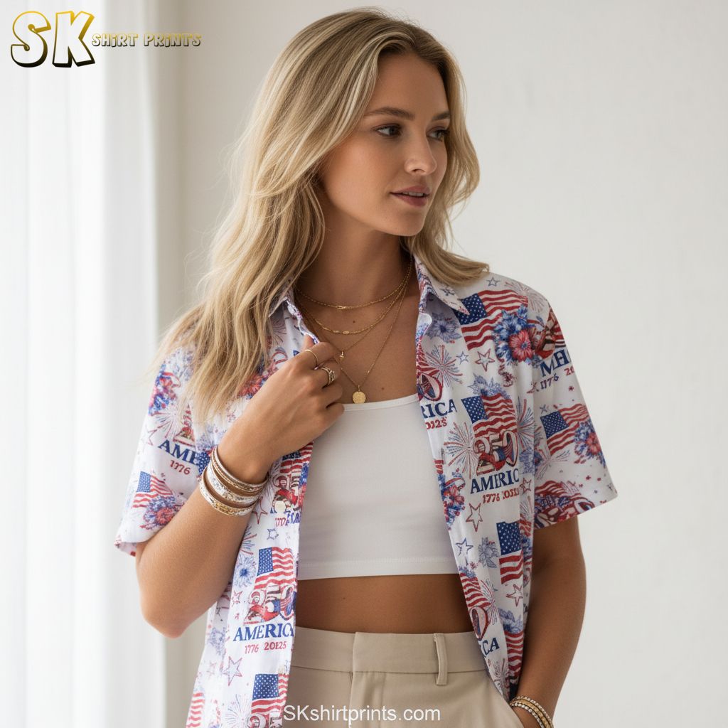 Patriotic Hawaiian shirt America 250 anniversary specifications and sizing information display