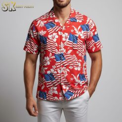 Patriotic Hawaiian shirt with American flag design and tropical hibiscus flowers