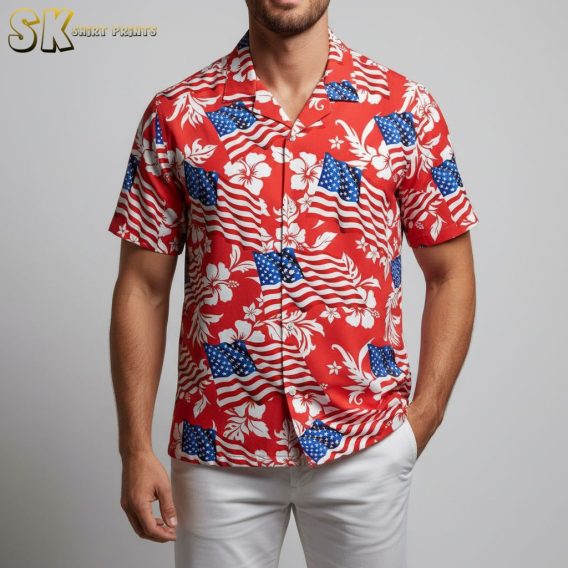 Patriotic Hawaiian shirt with American flag design and tropical hibiscus flowers