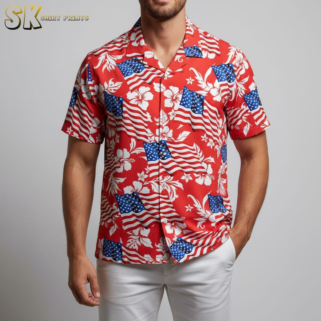 Patriotic Hawaiian shirt with American flag design and tropical hibiscus flowers