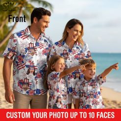 Patriotic Hawaiian shirt collection showcasing multiple color variations for July 4th celebrations