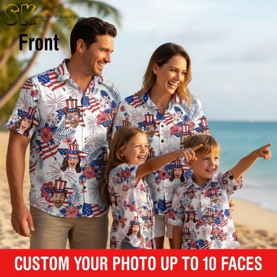 Patriotic Hawaiian shirt collection showcasing multiple color variations for July 4th celebrations