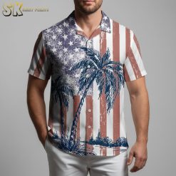Patriotic Hawaiian shirt for men with USA flag eagle design and palm tree tropical print