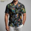 Patriotic Hawaiian shirt closeup showing detailed colorful parrots and tropical leaves pattern on black fabric