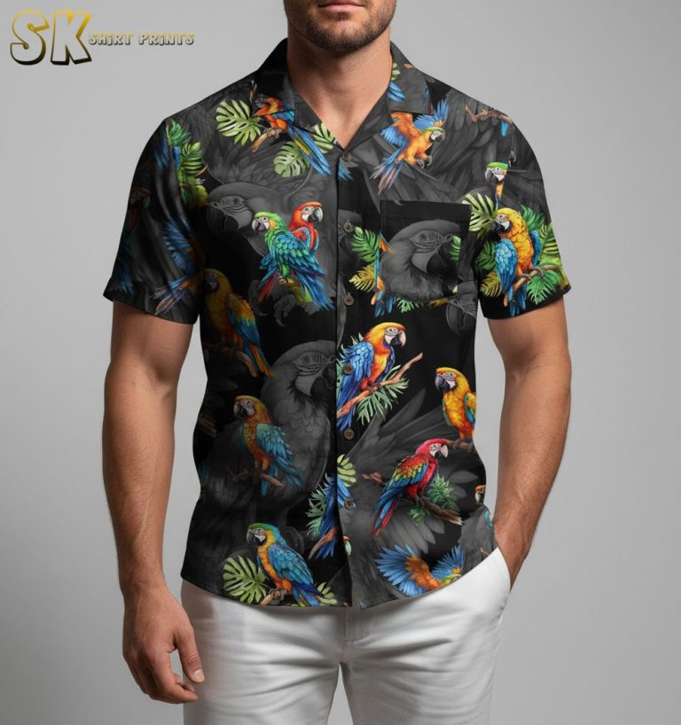 Hawaiian Parrots Black Tropical Print Shirt – Colorful Blue Orange Green Red Birds on Branches Design