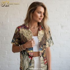 Size chart and specifications for patriotic Hawaiian shirt celebrating America's 250th anniversary with measurement details