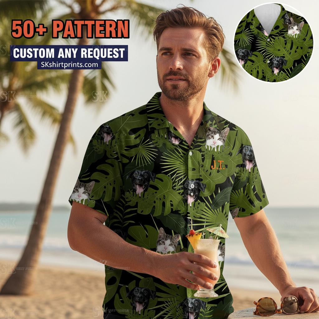personalized cat hawaiian shirt with custom cat photos printed on tropical floral background worn by person on vacation