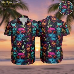 Personalized cat hawaiian shirt featuring colorful cats wearing sunglasses with multicolored tropical leaves