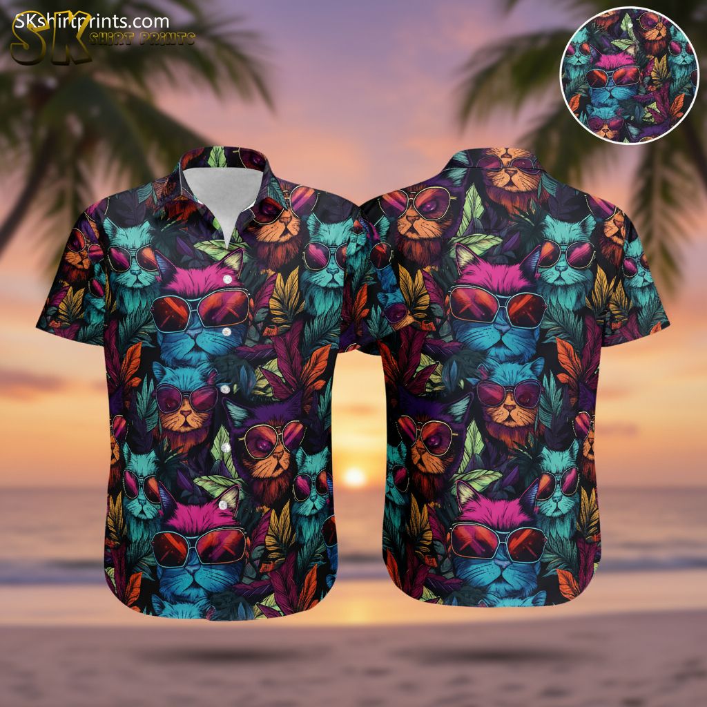 Personalized cat hawaiian shirt featuring colorful cats wearing sunglasses with multicolored tropical leaves