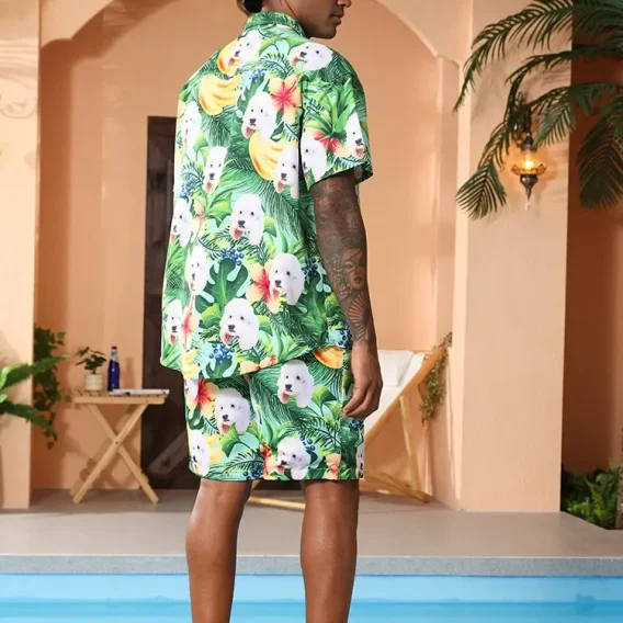 Personalized Hawaiian Shirts with puppies, green leaves, bananas, flowers