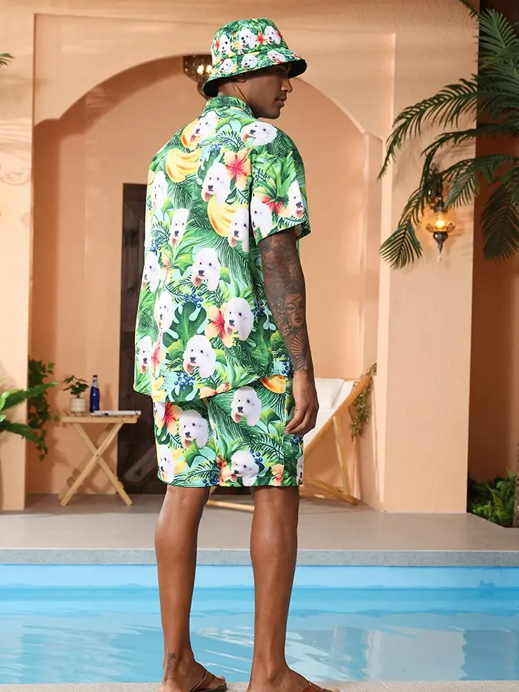 Personalized Hawaiian Shirts with puppies, green leaves, bananas, flowers