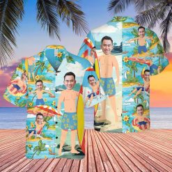 Personalized Hawaiian Shirts with faces, palm trees, flowers, and ocean