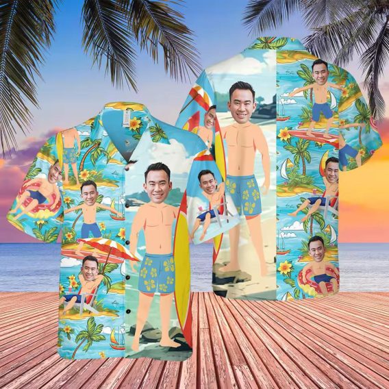 Personalized Hawaiian Shirts with faces, palm trees, flowers, and ocean