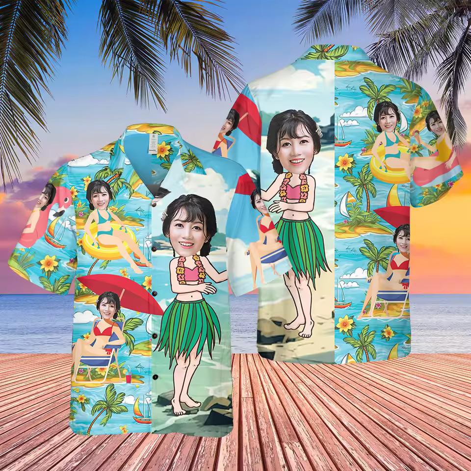 Personalized Hawaiian Shirts with faces, palm trees, flowers, and ocean