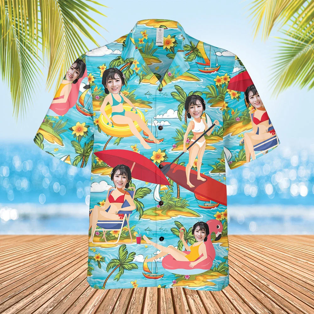 Personalized Hawaiian Shirts with faces, palm trees, flowers, and ocean