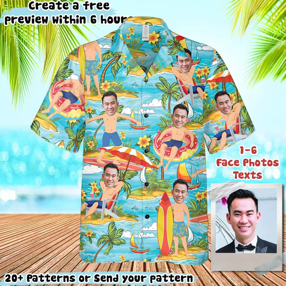 Personalized Hawaiian Shirts with faces, palm trees, flowers, and ocean
