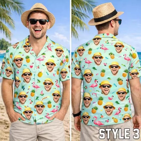 Personalized Hawaiian Shirts with pineapples, cocktails, flamingos, sunset, face