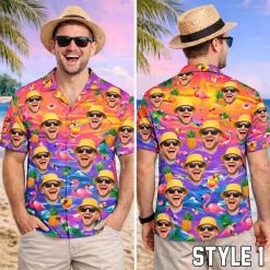 Personalized Hawaiian Shirts with pineapples, cocktails, flamingos, sunset, face