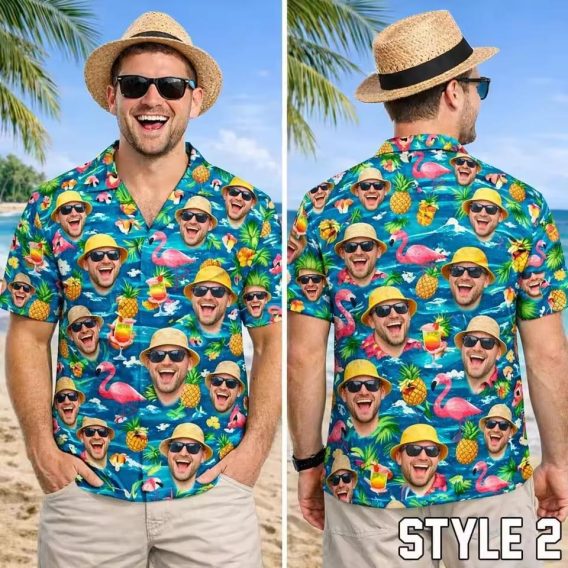 Personalized Hawaiian Shirts with pineapples, cocktails, flamingos, sunset, face