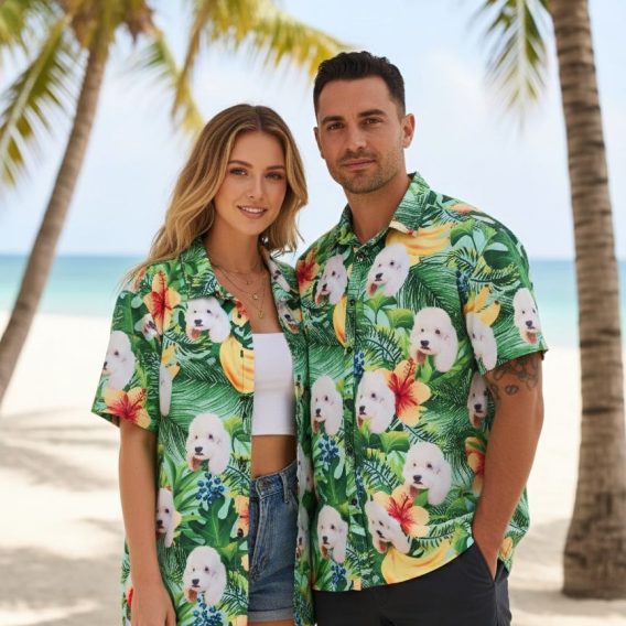 Pet hawaiian shirt with white dog print, banana graphics, and tropical leaf pattern in vibrant colors