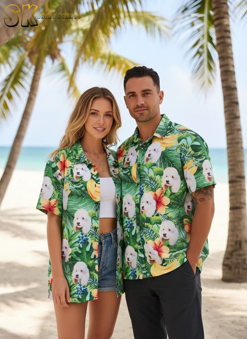 Pet hawaiian shirt with white dog print, banana graphics, and tropical leaf pattern in vibrant colors