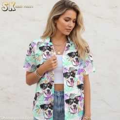 Size chart and specifications for pet lover Hawaiian shirt with dog face pattern