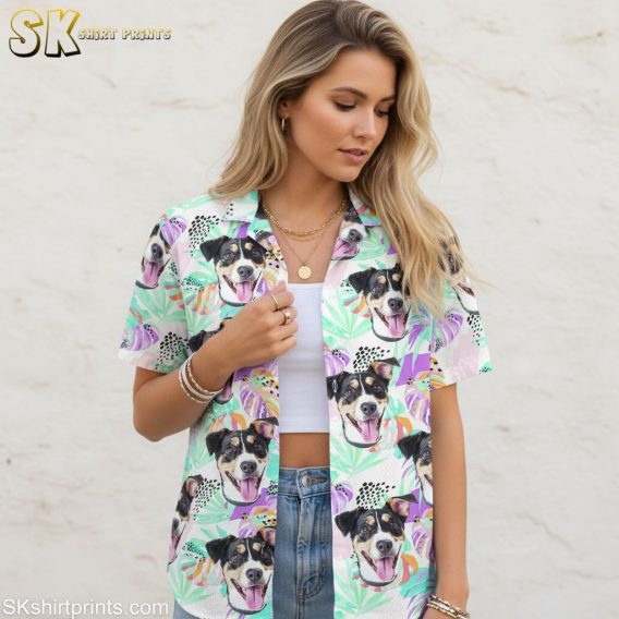 Size chart and specifications for pet lover Hawaiian shirt with dog face pattern
