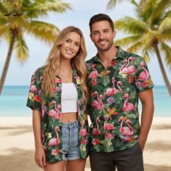 Pink flamingo Hawaiian shirt with tropical flowers and leaves pattern