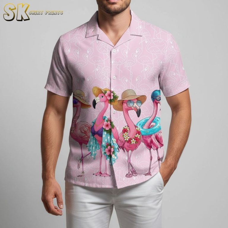 Flamingo Hawaiian Shirt – Festive Beach Party Aloha Shirt with Sunglasses & Flower Garlands