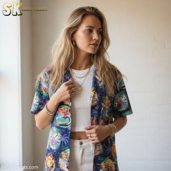 Pink flamingo Hawaiian shirt product specifications showing tropical animal design details