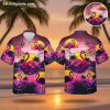 Pink flamingo Hawaiian shirt featuring vibrant tropical print with palm trees, sunset colors, and playful flamingos wearing sunglasses