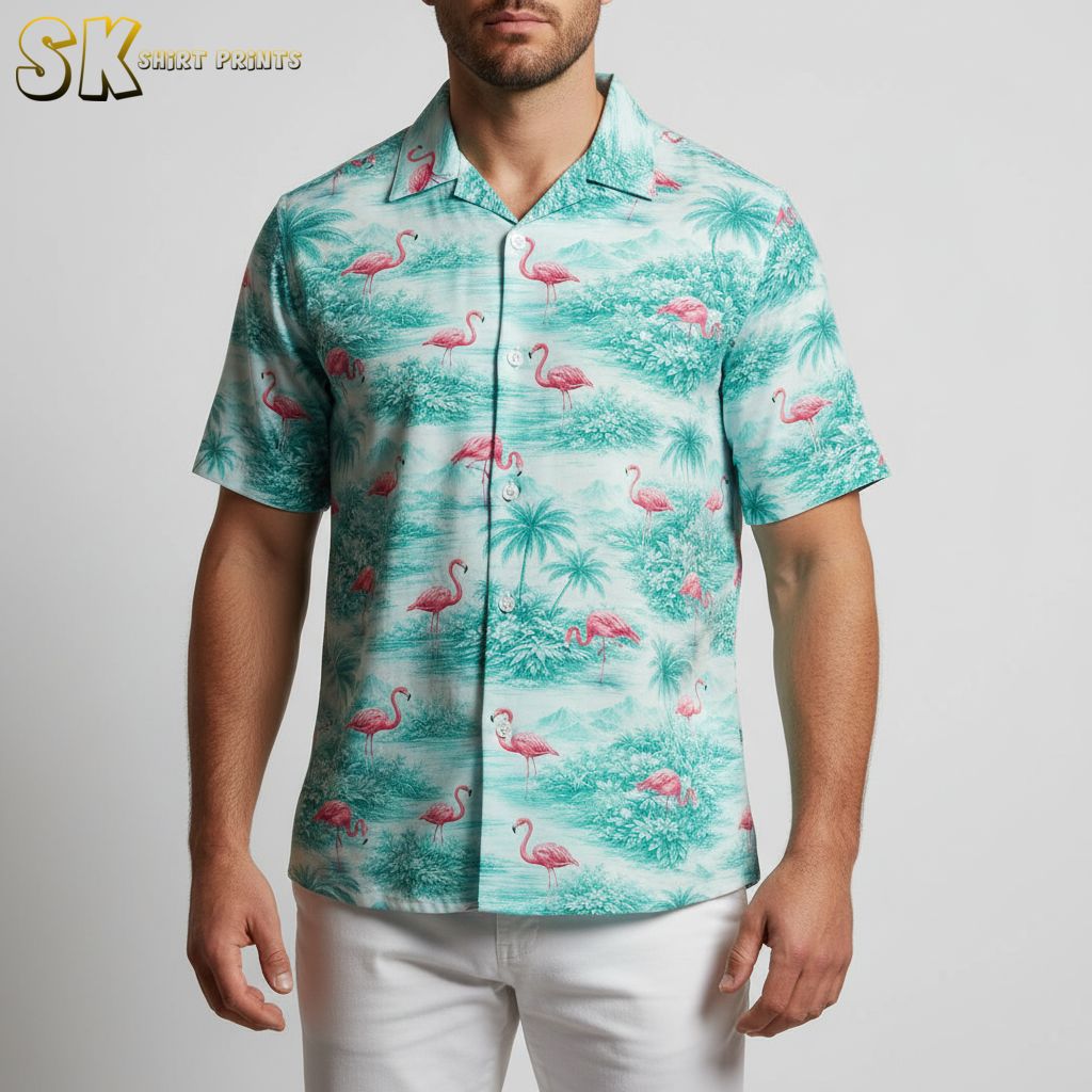 Pink flamingo hawaiian shirt with tropical landscape and palm tree background