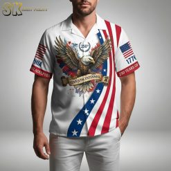 Pink and white Hawaiian shirt with American eagle design, patriotic symbols and 250th anniversary celebration theme