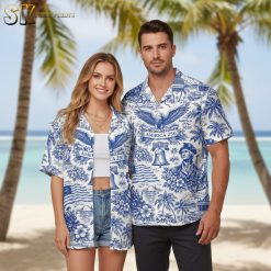 Plain white Hawaiian shirt with subtle America patriotic tropical design and palm tree accents