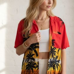 Primo beer hawaiian shirt specifications showing sunset palm tree design with tropical gradient colors
